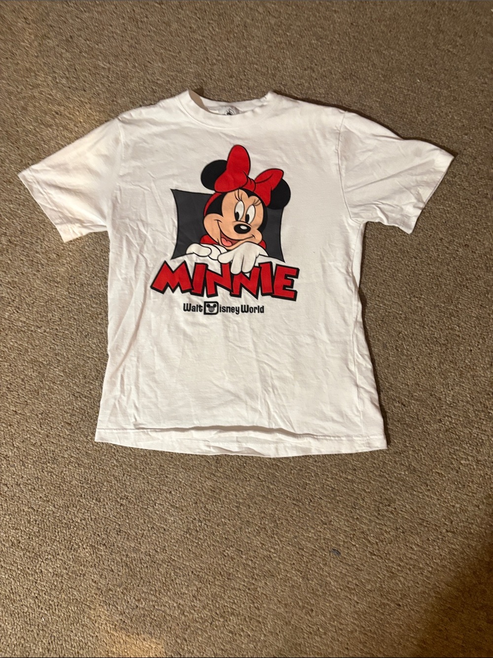 Disney White Short-Sleeve Tee with Red Minnie Graphic.